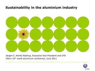 Sustainability in the aluminium industry




Jørgen C. Arentz Rostrup, Executive Vice President and CFO
CRU’s 16th world aluminium conference, June 2011
 