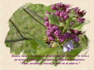 Atunci, vazu o cruce mica sprijinita de un perete. “As vrea-o
  pe aceea, Doamne," murmura el. Domnul ii raspunse:
      “Fiule, aceasta e crucea pe care tu ai adus-o.“
 