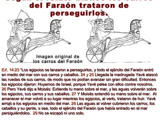 Según el relato bíblico los carros
      del Faraón trataron de
           perseguirlos.




                   Imagen original de
                 los carros del Faraón
EX. 14:23 “Los egipcios se lanzaron a perseguirlos, y todo el ejército del Faraón entró
en medio del mar con sus carros y caballos. 24 y 25 Llegada la madrugada Yavé atascó
las ruedas de sus carros, de modo que no podían avanzar sin gran dificultad. Entonces
los egipcios dijeron: Huyamos de Israel, porque Yavé pelea con ellos contra nosotros.
26 Pero Yavé dijo a Moisés: Extiende tu mano sobre el mar, y las aguas volverán sobre
los egipcios, sus carros y sus caballos. 27 Y Moisés extendió su mano sobre el mar. Al
amanecer el mar volvió a su lugar mientras los egipcios, al verlo, trataron de huir. Yavé
arrojó a los egipcios en medio del mar. 28 Las aguas al volver cubrieron los carros, los
caballos y su gente, o sea, todo el ejército del Faraón que había entrado en el mar
persiguiéndolos. 29 No se escapó ni uno solo.
 