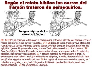 Según el relato bíblico los carros del
Faraón trataron de perseguirlos.
Imagen original de los
carros del Faraón
EX. 14:23 “Los egipcios se lanzaron a perseguirlos, y todo el ejército del Faraón entró en
medio del mar con sus carros y caballos. 24 y 25 Llegada la madrugada Yavé atascó las
ruedas de sus carros, de modo que no podían avanzar sin gran dificultad. Entonces los
egipcios dijeron: Huyamos de Israel, porque Yavé pelea con ellos contra nosotros. 26
Pero Yavé dijo a Moisés: Extiende tu mano sobre el mar, y las aguas volverán sobre los
egipcios, sus carros y sus caballos. 27 Y Moisés extendió su mano sobre el mar. Al
amanecer el mar volvió a su lugar mientras los egipcios, al verlo, trataron de huir. Yavé
arrojó a los egipcios en medio del mar. 28 Las aguas al volver cubrieron los carros, los
caballos y su gente, o sea, todo el ejército del Faraón que había entrado en el mar
persiguiéndolos. 29 No se escapó ni uno solo.
 