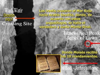 Los iraelís cruzaron el Mar Rojo
hacia Arabia Saudita, donde, de
acuerdo con estos
arqueólogos, se halla el
verdadero y santo Monte Sinaí.
Desde
aquí
Donde Moisés recibió
los 10 mandamientos.
 