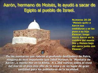 Aarón, hermano de Moisés, le ayudó a sacar de
Egipto al pueblo de Israel.
De las montañas que rodean el profundo desfiladero de Petra,
ninguna es más imponente que Jabal Haroun, la “Montaña de
Aarón”, o monte Hor en la Biblia. A 1,350 metros sobre el nivel
del mar es el pico más alto de la zona y es un lugar de gran
santidad para los pobladores de la localidad.
Números 20:28
“Moisés quitó a
Aarón sus
vestiduras y se las
puso a su hijo
Eleazar; luego
murió Aarón en la
cumbre del monte
Hor y Moisés bajó
del cerro junto con
Eleazar.”
 