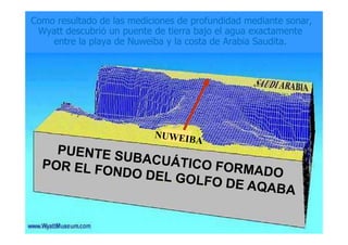 Como resultado de las mediciones de profundidad mediante sonar,Como resultado de las mediciones de profundidad mediante sonar,
WyattWyatt descubridescubrióó un puente de tierra bajo el agua exactamenteun puente de tierra bajo el agua exactamente
entre la playa deentre la playa de NuweibaNuweiba y la costa de Arabia Saudita.y la costa de Arabia Saudita.
 