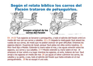 Según el relato bíblico los carros del
Faraón trataron de perseguirlos.
Imagen original de los
carros del Faraóncarros del Faraón
EX. 14:23EX. 14:23 “Los“Los egipciosegipcios sese lanzaronlanzaron aa perseguirlosperseguirlos, y, y todotodo elel ejércitoejército deldel FaraónFaraón entróentró enen
mediomedio del mar condel mar con sussus carroscarros yy caballoscaballos.. 2424 y 25y 25 LlegadaLlegada lala madrugadamadrugada YavéYavé atascóatascó laslas
ruedasruedas dede sussus carroscarros, de, de modomodo queque nono podíanpodían avanzaravanzar sinsin grangran dificultaddificultad.. EntoncesEntonces loslos
egipciosegipcios dijerondijeron:: HuyamosHuyamos de Israel,de Israel, porqueporque YavéYavé peleapelea concon ellosellos contracontra nosotrosnosotros.. 2626
PeroPero YavéYavé dijodijo aa MoisésMoisés:: ExtiendeExtiende tutu manomano sobresobre el mar, yel mar, y laslas aguasaguas volveránvolverán sobresobre loslos
egipciosegipcios,, sussus carroscarros yy sussus caballoscaballos.. 2727 YY MoisésMoisés extendióextendió susu manomano sobresobre el mar. Alel mar. Al
amaneceramanecer el marel mar volvióvolvió aa susu lugarlugar mientrasmientras loslos egipciosegipcios, al, al verloverlo,, tratarontrataron dede huirhuir.. YavéYavé
arrojóarrojó a losa los egipciosegipcios enen mediomedio del mar.del mar. 2828 LasLas aguasaguas alal volvervolver cubrieroncubrieron loslos carroscarros, los, los
caballoscaballos yy susu gentegente, o sea,, o sea, todotodo elel ejércitoejército deldel FaraónFaraón queque habíahabía entradoentrado en el maren el mar
persiguiéndolospersiguiéndolos.. 2929 No seNo se escapóescapó nini unouno solo.solo.
 