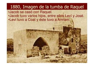 1880, Imagen de la tumba de Raquel1880, Imagen de la tumba de Raquel
••Jacob se casó con Raquel.Jacob se casó con Raquel.
••Jacob tuvo varios hijos, entre ellos Leví y José.Jacob tuvo varios hijos, entre ellos Leví y José.
••Leví tuvo a Coat y éste tuvo a Amram.Leví tuvo a Coat y éste tuvo a Amram.
••Jacob se casó con Raquel.Jacob se casó con Raquel.
••Jacob tuvo varios hijos, entre ellos Leví y José.Jacob tuvo varios hijos, entre ellos Leví y José.
••Leví tuvo a Coat y éste tuvo a Amram.Leví tuvo a Coat y éste tuvo a Amram.
 