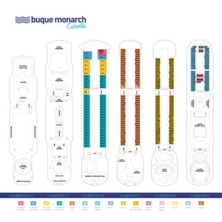 buque monarch 
Cubiertas 
1532 THE WAVES 
YACHT CLUB 
PIZZERÍA 
PIZZERÍA 
360 BAR 
AND LOUNGE 
DECK 12 DECK 11 DECK 10 DECK 9 DECK 8 DECK 7 ASCENSOR 
ASCENSOR 
ASCENSOR 
MURO DE ESCALADA 
BUFFET 
PANORAMA 
BUFFET 
PANORAMA 
BAR 
PANORAMA 
PISCINA PISCINA 
JACUZZIS 
BAR 
MARINA 
ASCENSOR 
VIDEO 
JUEGOS 
TEEN’S CLUB 
ASCENSOR 
PISTA DE DEPORTES 
ROYAL 
SUITE 
1538 1038 
ASCENSOR 
1010 
1020 
ASCENSOR 
ASCENSOR 
1510 
1520 
1549 
1050 
1052 
1054 
1056 
1058 
1060 
1062 
1064 
1066 
1068 
1070 
1072 
1074 
1076 
1078 
1080 
1082 
1084 
1086 
1550 
1552 
1554 
1556 
1558 
1560 
1562 
1564 
1566 
1568 
1570 
1572 
1574 
1576 
1578 
1580 
1582 
1584 
1586 
GRUMETES CLUB & CAPI CLUB 
9500 9000 
ASCENSOR 
8500 
8000 
8508 
8512 
8514 
8516 8016 
8018 
8524 8024 
8026 
8528 8028 
8030 
8532 8032 
8564 
8566 
8568 
8570 
8572 
8034 
8062 
8064 
8068 
8070 
8576 8076 
8580 
8584 
8078 
8080 
8082 
8084 
8588 
7504 7004 
7506 
7000 
7002 
7543 7539 
7541 
7041 
7547 
8086 
8088 
8090 
8092 
8094 
ASCENSOR ASCENSOR 
SPA & 
GIMNASIO 
ASCENSOR 
SALÓN 
DE BELLEZA 
ASCENSOR CYAN 
DISCO 
SALÓN 
RENDEZ VOUS 
SALÓN 
BROADWAY 
ASCENSOR 
ASCENSOR 
PISTA DE FOOTING 
PISTA DE FOOTING 
7006 
cubierta 12 cubierta 11 cubierta 10 cubierta 9 cubierta 8 cubierta 7 
6510 
6512 
6514 6516 
6518 
6520 
6522 
6524 
6526 
6528 
6530 
6532 
6534 
6536 
6538 
6540 
6542 
6544 
6546 
6554 
6556 
6558 
6566 
6572 
6574 
6582 
6584 
6586 
6588 
6590 
6592 
6594 
6596 
7008 
7010 
7012 
7014 
7016 
7018 
7020 
7022 
7024 
7026 
7028 
7030 
7032 
7034 
7036 
7038 
7040 
7042 
7044 
7046 
7048 
7050 
7052 
7054 
7056 
7058 
7508 
7510 
7512 
7514 
7516 
7518 
7520 
7522 
7524 
7526 
7528 
7530 
7532 
7534 
7536 
7538 
7540 
7542 
7544 
7546 
7548 
7550 
7552 
7554 
7556 
7558 
8002 
8004 
8006 
8008 
8010 
8012 
8014 
8020 
8022 
8036 
8038 
8040 
8042 
8044 
8046 
8048 
8050 
8052 
8054 
8056 
8058 
8060 
8066 
8072 
8074 
8096 
8502 
8504 
8506 
8518 
8520 
8522 
8526 
8530 
8534 
8536 
8538 
8540 
8542 
8544 
8546 
8548 
8550 
8552 
8554 
8556 
8558 
8560 
8562 
8574 
8578 
8582 
8586 
8590 
8592 
8594 
8596 
9002 
9004 
9006 
9008 
9010 
9012 
9014 
9016 
9018 
9020 
9022 
9024 
9026 
9028 
9030 
9032 
9034 
9036 
9038 
9040 
9042 
9044 
9046 
9048 
9050 
9052 
9054 
9056 
9058 
9060 
9062 
9064 
9066 
9068 
9070 
9072 
9074 
9076 
9078 
9080 
9082 
9502 
9504 
9506 
9508 
9510 
9512 
9514 
9516 
9518 
9520 
9522 
9524 
9526 
9528 
9530 
9532 
9534 
9536 
9538 
9540 
9542 
9544 
9546 
9548 
9550 
9552 
9554 
9556 
9558 
9560 
9562 
9564 
9566 
9568 
9570 
9572 
9574 
9576 
9578 
9580 
9582 
1088 
1588 
8510 
7001 
7003 
7545 
7043 
1032 
1534 1034 
1536 1036 
1540 1040 
1542 1042 
1544 1044 
1546 1046 
1548 1048 
SALÓN DE 
CONFERENCIAS 
SALÓN DE 
CONFERENCIAS 
RS ST 
Royal Suite 
con Terraza 
Suite Lujo 
con Terraza 
GT jt k 
Gran Suite 
con Terraza 
Junior Suite 
con Terraza 
Interior 
j 
Interior 
i 
Interior 
Superior 
H 
Interior 
Superior 
l 
Interior 
h I J a B c d e f 
Exterior 
(vista obstruida) 
Exterior Exterior Exterior 
Superior 
Exterior 
Superior 
Exterior 
Lujo 
 