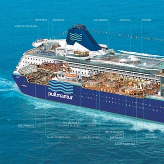 DISCOTECA 
MURO DE ESCALADA 
RESTAURANTE 
GIMNASIO BAR MARINA JACUZZIS PISCINA 
SPA DEL MAR & 
SALÓN DE BELLEZA CASINO 
SALÓN RENDEZ VOUS 
GALERÍA DE FOTOS 
WÚ RESTAURANT 
FUSION & 
BAR LOUNGE 
SALÓN PIANO BAR 
TIENDAS 
DUTY FREE 
 