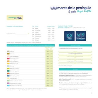 mares de la península 
51 
INCLUYE EN EL PRECIO 
Crucero de 6 noches. Régimen de TODO INCLUIDO a bordo. 
VENTA ANTICIPADA 
*** Máximo descuento por venta anticipada ya aplicado: 
+ de 120 días antes de la fecha de salida 
entre 90 y 120 días antes de la fecha de salida 
entre 60 y 90 días antes de la fecha de salida 
entre 30 y 60 días antes de la fecha de salida 
Precios no válidos para grupos 
T. ÚNICA 
-25% 
-20% 
-15% 
-10% 
VENTAJAS 
ESPECIAL NIÑOS (Compartiendo camarote con uno o dos adultos)****: 
De 6 meses a 2 años (sin cumplir): el crucero será completamente GRATIS, 
incluyendo tasas de puerto y cargos por servicio y administración. 
De 2 a 17 años (sin cumplir): GRATIS. Sólo pagan tasas de puerto y cargos por 
servicio y administración. 
3ª y 4ª persona (compartiendo camarote según configuración): descuento de 
50% + tasas de puerto y cargos por servicio y administración. 
**** Consulta las condiciones especiales para las familias en la pág. 3 
de este catálogo o en tu agencia de viajes. 
desde 357€ 
Embarque en Bilbao (sábado) 
Septiembre (2014)__________________________ 20 
Precios por persona en euros en ocupación doble en todo incluido a bordo • 6 noches 
temporada ÚNICA 
venta*** 
anticipada 
precio 
folleto 
L Interior 357 475 
k Interior 368 490 
J Interior Superior 383 510 
I Interior Superior 405 540 
H Interior Superior 432 575 
G Exterior (v.o.)** 473 630 
F Exterior 522 695 
E Exterior Superior 570 760 
D Exterior Superior 612 815 
C Exterior Superior 683 910 
B Exterior Superior 732 975 
A Exterior Lujo 777 1.035 
JT Junior Suite con Terraza 844 1.125 
ST Suite lujo con Terraza 893 1.190 
RT Royal Suite con Terraza 998 1.330 
**(v.o.): vista obstruida.Tasas de puerto: 163 € · Cargos por servicio y administración: 62 € (a pagar a bordo). 
Suplemento cabina individual: categorías “RT”, “ST” y “JT”: 450 €. Resto de categorías: 240 €. 
6 noches Buque Empress 
Día Escala Llegada Salida 
Sáb Bilbao Embarque 17:00 
Dom La Coruña* 10:00 15:00 
Lun Lisboa* 14:00 23:00 
Mar Navegación Diversión en alta mar 
Mié Casablanca 07:00 18:00 
Jue Gibraltar 08:00 16:00 
Vie Málaga 08:00 Fin Crucero 
Temporada única 
*Posibilidad de embarQUe en La Coruña y Lisboa. Consulta Precios. 
 