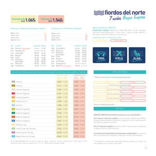 INCLUYE EN EL PRECIO 
Crucero de 7 noches. Régimen de TODO INCLUIDO a bordo. Traslados 
aeropuerto/puerto/aeropuerto. Vuelos ida y regreso desde Madrid y 
Barcelona a Malmö/Trondheim en clase turista. 
Suplemento Avión en Business Class: 
73 
T. MEDIA: 250 e T. ALTA: 300 e 
VENTA ANTICIPADA 
** Máximo descuento por venta anticipada ya aplicado: 
T. MEDIA T. ALTA 
+ de 120 días antes de la fecha de salida 
-25% -20% 
entre 90 y 120 días antes de la fecha de salida 
-20% -16% 
entre 60 y 90 días antes de la fecha de salida 
-15% -12% 
entre 30 y 60 días antes de la fecha de salida 
-10% -8% 
VENTAJAS 
ESPECIAL NIÑOS (Compartiendo camarote con uno o dos adultos)***: 
De 6 meses a 2 años (sin cumplir): el crucero será completamente GRATIS, 
incluyendo tasas de puerto, aeropuerto y cargos por servicio y administración 
(Sin derecho a asiento en el avión). 
De 2 a 17 años (sin cumplir): descuento de 50% + tasas de puerto, aeropuerto 
y cargos por servicio y administración 
3ª y 4ª persona (compartiendo camarote según configuración): descuento de 
30% + tasas de puerto, aeropuerto y cargos por servicio y administración. 
***Consulta las condiciones especiales para las familias en la pág. 3 de 
este catálogo o en tu agencia de viajes. 
desde 1.065€ 1.540€ 
Embarque en Malmö (Copenhague) (sábado) Embarque en Trondheim (sábado) 
Mayo (2014)_________________________________ 24 
Junio (2014)_________________________________ 21 
Julio (2014)__________________________________ 19 
Agosto (2014)_ ______________________________ 16 
Mayo (2014)_________________________________ 31 
Junio (2014)_________________________________ 28 
Julio (2014)__________________________________ 26 
Agosto (2014 )_______________________________ 23 
Precios por persona en euros en ocupación doble en todo incluido a bordo • 7 noches 
temporada MEDIA temporada ALTA 
venta** 
anticipada 
precio 
folleto 
venta** 
anticipada 
PRECIO 
FOLLETO 
L Interior 1.065 1.420 1.540 1.925 
k Interior 1.114 1.485 1.604 2.005 
J Interior Superior 1.182 1.575 1.700 2.125 
I Interior Superior 1.234 1.645 1.764 2.205 
H Interior Superior 1.294 1.725 1.852 2.315 
G Exterior (v.o.)* 1.350 1.800 1.940 2.425 
F Exterior 1.388 1.850 1.988 2.485 
E Exterior Superior 1.422 1.895 2.052 2.565 
D Exterior Superior 1.478 1.970 2.132 2.665 
C Exterior Superior 1.493 1.990 2.160 2.700 
B Exterior Superior 1.553 2.070 2.236 2.795 
A Exterior Lujo 1.632 2.175 2.360 2.950 
JT Junior Suite con Terraza 1.744 2.325 2.524 3.155 
ST Suite lujo con Terraza 2.258 3.010 3.264 4.080 
RT Royal Suite con Terraza 2.543 3.390 3.676 4.595 
*(v.o.): vista obstruida.Tasas de puerto y aeropuerto: 204 € · Cargos por servicio y administración: 72 € (a pagar a bordo). 
Suplemento cabina individual: categorías “RT”, “ST”y “JT”: 500 €. Resto de categorías: 300 €. 
7 noches Buque Empress 
Día Escala Llegada Salida 
Sáb Malmö (Copenhague) Embarque 21:00 
Dom Navegación Diversión en alta mar 
Lun Stavanger 08:00 18:00 
Mar Bergen 08:00 18:00 
Mié Flåm 07:00 16:00 
Jue Hellesylt 
Geiranger 
10:00 
14:00 
12:00 
20:00 
Vie Ålesund 08:00 18:00 
Sáb Trondheim 10:00 Fin Crucero 
Día Escala Llegada Salida 
Sáb Trondheim Embarque 20:00 
Dom Ålesund 09:00 18:00 
Lun Hellesylt 
Geiranger 
07:00 
11:00 
09:00 
16:00 
Mar Flåm 09:00 20:00 
Mié Bergen 08:00 18:00 
Jue Stavanger 08:00 18:00 
Vie Navegación Diversión en alta mar 
Sáb Malmö (Copenhague) 08:00 Fin Crucero 
fiordos del norte 
Temporada media 
desde 
Temporada alta 
Precios no válidos para grupos 
 