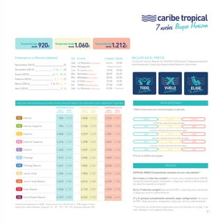 caribe tropical 
INCLUYE EN EL PRECIO 
Crucero de 7 noches. Régimen de TODO INCLUIDO a bordo. Traslados aeropuerto/ 
puerto/aeropuerto. Vuelos ida y regreso desde Madrid en clase turista. 
VENTA ANTICIPADA 
T. BAJA T. MEDIA T. ALTA 
+ de 120 días antes de la fecha de salida 
entre 90 y 120 días antes de la fecha de salida 
entre 60 y 90 días antes de la fecha de salida 
entre 30 y 60 días antes de la fecha de salida 
ESPECIAL NIÑOS (Compartiendo camarote con uno o dos adultos)**: 
De 6 meses a 2 años (sin cumplir): el crucero será completamente GRATIS, 
incluyendo tasas de puerto, aeropuerto y cargos por servicio y administración 
(sin derecho a asiento en el avión). 
De 2 a 17 años (sin cumplir): descuento de 50% + tasas de puerto, aeropuerto 
y cargos por servicio y administración. 
3ª y 4ª persona (compartiendo camarote según configuración): descuento 
de 30% + tasas de puerto, aeropuerto y cargos por servicio y administración. 
**Consulta las condiciones especiales para las familias en la pág. 3 de 
este catálogo o en tu agencia de viajes. 
91 
* Máximo descuento por venta anticipada ya aplicado: 
Precios no válidos para grupos 
VENTAJAS 
desde 920€ 1.060€ 1.212€ 
Embarque en La Romana (sábados) 
Precios por persona en euros en ocupación doble en todo incluido a bordo • 7 noches 
temporada baja temporada MEDIA temporada ALTA 
venta* 
anticipada 
PRECIO 
FOLLETO 
venta* 
anticipada 
PRECIO 
FOLLETO 
venta* 
anticipada 
PRECIO 
FOLLETO 
DI Interior 920 1.313 1.060 1.413 1.212 1.514 
HI Interior Superior 994 1.419 1.140 1.519 1.296 1.620 
DE Exterior 1.068 1.525 1.219 1.625 1.381 1.726 
HE Exterior Superior 1.216 1.737 1.378 1.837 1.551 1.938 
C Confort 1.365 1.949 1.537 2.049 1.720 2.150 
P Prestige 1.513 2.161 1.696 2.261 1.890 2.362 
PB Prestige Balcon 1.631 2.330 1.824 2.431 2.026 2.532 
JS Junior Suite 1.706 2.436 1.903 2.537 2.111 2.638 
JB Junior Suite Balcon 1.810 2.585 2.014 2.685 2.229 2.786 
SR Suite Royale 1.958 2.797 2.173 2.897 2.399 2.998 
SB Suite Royale Balcon 2.107 3.009 2.332 3.109 2.568 3.210 
Tasas de puerto/aeropuerto: 204 € · Cargos por servicio y administración: 72 € (a pagar a bordo). 
Suplemento cabina individual: Categorías “JS”, “JB”, “SR” y “SB”: 75%. Resto de categorías: 50% 
7 noches Buque Horizon 
Temporada baja 
desde 
Temporada media 
desde 
Temporada alta 
Día Escala Llegada Salida 
Sáb La Romana (R. Dominicana) Embarque 23:00 
Dom Navegación Diversión en alta mar 
Lun St Lucia (Castries) 10:00 18:00 
Mar Barbados (Bridgetown) 08:00 20:00 
Mié Martinique (Fort de France) 08:00 20:00 
Jue St Kitts (Basseterre) 10:00 18:00 
Vie Tórtola (British Virgin Islands) 07:00 13:00 
Sáb La Romana (R. Dominicana) 07:00 Fin de Crucero 
Noviembre (2013)______________________________________________________30 
Diciembre (2013)_ ________________ 7, 14, 21, 28 
Enero (2014)______________________ 4, 11, 18, 25 
Febrero (2014)_____________________ 1, 8, 15, 22 
Marzo (2014)__________________ 1, 8, 15, 22, 29 
Abril (2014)______________________________ 5, 12 
-30% -25% -20% 
-25% -20% -15% 
-20% -15% -10% 
-15% -10% -5% 
 