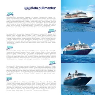 flota pullmantur 
Remodelado: 2008 · Bandera: Malta · Capacidad: 2.733 pasajeros · Tripulación: 820 · Cabinas: 1.162 · 
Tonelaje: 73.592 toneladas · Eslora: 268 metros · Manga: 36 metros · Calado: 8 metros · Velocidad máxima: 
17 nudos · Corriente eléctrica: 110/220 voltios · 12 cubiertas para pasajeros · Atrio de 5 pisos · Salón 
espectáculos Broadway · Restaurante El Guadiana · Restaurante El Duero · Buffet Panorama · Buffet The 
Grill · Wú Restaurant Fusion Bar Lounge (a la carta con cargo) · Café San Marco · The Spinnaker Piano Bar 
· Bar Panorama · Bar Marina · 360º Bar & Lounge · Rocódromo · Pista de Pádel · Gimnasio · Spa y Salón de 
Belleza · Jacuzzis · 2 piscinas · Casino del Mar · Biblioteca · “Grumetes Club” · Cubierta Sports · Solarium · 
Zoom Discoteca · Salón de Juegos · Sala de Inetrnet · Café · Bares · Salones · Tiendas Duty Free. 
Monarch 
Empress 
Horizon 
Remodelado: 2013 · Bandera: Malta · Capacidad: 2.752 pasajeros · Cabinas: 1.193 · Tonelaje: 73.937 
toneladas · Eslora: 268 metros · Manga: 32 metros · Calado: 7,5 metros · Velocidad máxima: 19 nudos 
· Corriente eléctrica: 110/220 voltios · 12 cubiertas para pasajeros · Atrio de 5 pisos · Salón espectáculos 
Broadway · Restaurante Auster · Restaurante Boreas · Buffet Panorama · Pizzeria · The Waves Yacht Club 
· Café Plaza · Yogufruits · Bar Fragata · Bar Panorama · Bar Marina · 360º Bar & Lounge · Rocódromo · 
Pista de Deportes · Gimnasio · Spa y Salón de Belleza · Jacuzzis · 2 piscinas · Casino del Mar · Biblioteca · 
“Grumetes Club” · Solarium · Discoteca Cyan · Salón de Juegos · Sala de Internet · Café · Bares · Salones 
· Tiendas Duty Free. 
Remodelado: 2004 · Bandera: Malta · Capacidad: 1.877 pasajeros · Tripulación: 645 · Cabinas: 795 · 
Tonelaje: 48.563 toneladas · Eslora: 211 metros · Manga: 31 metros · Calado: 7,5 metros · Velocidad 
máxima: 17 nudos · Corriente eléctrica: 110/220 voltios · 9 cubiertas para pasajeros · Restaurante 
Miramar · Buffet Panorama · Salón Piano Bar “El Embarcadero” · Wú Restaurant Fusion Bar Lounge 
(a la carta con cargo) · Salón Rendez-Vous · Rocódromo · Salón de espectáculos Broadway · Discoteca 
Starlight · Sala de Internet · Biblioteca · Gimnasio · Spa y Salón de belleza · “Grumetes Club” · Solarium 
· 2 piscinas exteriores · 3 Jacuzzis · Salón de Juegos · Casino del Mar T· iendas Duty Free. 
Remodelado: 2012 · Bandera Malta · Capacidad 1.828 pasajeros · Tripulación: 620 · Cabinas: 721 · Tonelaje: 
47.427 toneladas · Eslora: 208 metros · Manga: 29 metros · Calado: 8 metros · Velocidad máxima: 17 nudos 
·Corriente eléctrica: 110 voltios · 9 cubiertas de pasajeros · Restaurante Le Splendide · Buffet Le Marché 
Gourmand · La Terraza Grill · Bar Rendez-Vous · Cafe Moka · James Piano Bar · Zephir lounge Bar · Bar 
L´anexe · Piscinas exteriores · Jacuzzis · Teatro Broadway · Casino del Mar · Saphire Disco · Galería de fotos 
· Tiendas Duty Free · Sala de cartas · Biblioteca · “Mini Club” · Sala de Internet · Spa y Centro de belleza · 
Gimnasio. 
Remodelado: 2013 · Bandera: Malta · Capacidad: 1.828 pasajeros · Tripulación: 620 · Cabinas: 720 
· Tonelaje: 47.413 toneladas · Eslora: 208 metros · Manga: 29 metros · Calado: 8 metros · Velocidad 
máxima: 17 nudos · Corriente eléctrica: 110/220 voltios · 9 cubiertas de pasajeros · Restaurante 
Caravelle · Buffet Windsurf · Buffet Barbacoa The Grill · Bar Harry’s · Salón Rendez-Vous · Plaza Café 
· Michael’s Club · Bar Marina · Salón de Espectáculos Broadway · Casino del Mar · Spa y Centro de 
Belleza · Biblioteca · Galería de fotos · Tiendas Duty Free · Sala de Internet · Discoteca Rainbow · 
Gimnasio · Sauna · Sala de juegos · “Grumetes Club” · Piscinas exteriores · 3 Jacuzzis. 
93 
 