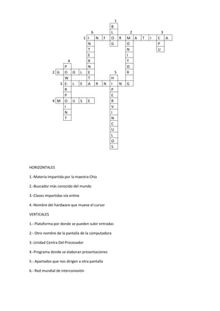 1
B
6 L 2 3
1 I N F O R M A T I C A
N G O P
T N U
E I
4 R T
P N O
2 G O O L E 5 R
W T H
3 E- L E A R N I N G
R P
P E
4 M O U S E R
I V
N I
T N
C
U
L
O
S
HORIZONTALES
1.-Materia impartida por la maestra Chio
2.-Buscador más conocido del mundo
3.-Clases impartidas vía online
4.-Nombre del hardware que mueve el cursor
VERTICALES
1.- Plataforma por donde se pueden subir entradas
2.- Otro nombre de la pantalla de la computadora
3.-Unidad Centra Del Procesador
4.-Programa donde se elaboran presentaciones
5.- Apartados que nos dirigen a otra pantalla
6.- Red mundial de interconexión