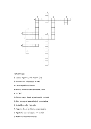 1
6 2 3
1
4
2 5
3
4
HORIZONTALES
1.-Materia impartida por la maestra Chio
2.-Buscador más conocido del mundo
3.-Clases impartidas vía online
4.-Nombre del hardware que mueve el cursor
VERTICALES
1.- Plataforma por donde se pueden subir entradas
2.- Otro nombre de la pantalla de la computadora
3.-Unidad Centra Del Procesador
4.-Programa donde se elaboran presentaciones
5.- Apartados que nos dirigen a otra pantalla
6.- Red mundial de interconexión