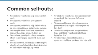 Common sell-outs:
• You believe you should help someone but
don’t
• You believe you should apologize but
don’t
• You believe you should stay late to finish
up on a commitment but go home instead
• You say yes when you know you should
say no, then hope no one follows up
• You believe you should talk to someone
about concerns you have with them but
don't 
• You do less than your share and think you
should acknowledge it but don't, knowing
no one else will bring it up either
• You believe you should listen respectfully
to feedback, but become defensive
instead
• You see problems with a plan someone
presents and think you should speak up
but don’t
• You fail to complete an assignment on
time and think you should let others
know but don't 
• You know you have information a
coworker could use but keep it to yourself
 