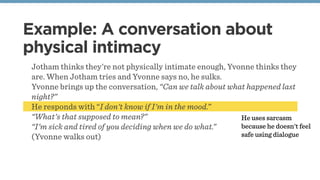 Jotham thinks they’re not physically intimate enough, Yvonne thinks they
are. When Jotham tries and Yvonne says no, he sulks.
Yvonne brings up the conversation, “Can we talk about what happened last
night?”
He responds with “I don't know if I'm in the mood.”
“What's that supposed to mean?”
“I'm sick and tired of you deciding when we do what.”
(Yvonne walks out)
Example: A conversation about
physical intimacy
He uses sarcasm
because he doesn't feel
safe using dialogue
 