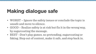 Making dialogue safe
• WORST – Ignore the safety issues or conclude the topic is
unsafe and move to silence.
• GOOD – Realize safety is at risk but fix it in the wrong way,
by sugarcoating the message.
• BEST –Don’t play games. no pretending, sugarcoating or
faking. Step out of content, make it safe, and step back in.
 