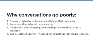 Why conversations go poorly:
1. Biology – high adrenaline causes a fight or flight response.
2. Surprise – they arise without warning.
3. Confusion – they often require us to improvise without time to
rehearse.
4. Self-defeating behavior – we do or say something that makes it worse.
 