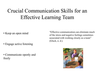 Crucial Communication Skills for an
Effective Learning Team
• Keep an open mind
• Engage active listening
• Communicate openly and
freely
“Effective communication can eliminate much
of the stress and negative feelings sometimes
associated with working closely as a team”
(Gluck, n. d.).
 