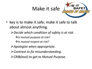 Make it safe
• key is to make it safe; make it safe to talk
about almost anything.
Decide which condition of safety is at risk.
Is mutual purpose at risk?
Is mutual respect at risk?
Apologize when appropriate.
Contrast to fix misunderstanding.
CRIB(tool) to get to Mutual Purpose.
 