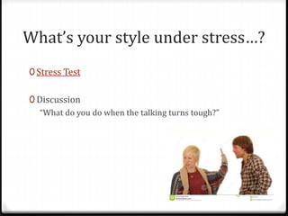 What’s your style under stress…? 
0 Stress Test 
0 Discussion 
“What do you do when the talking turns tough?” 
 