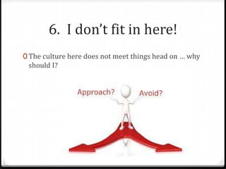 6. I don’t fit in here! 
0 The culture here does not meet things head on … why 
should I? 
 