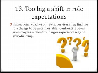 13. Too big a shift in role 
expectations 
0 Instructional coaches or new supervisors may find the 
role change to be uncomfortable. Confronting peers 
or employees without training or experience may be 
overwhelming. 
 