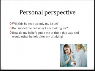 Personal perspective 
0 Will this be seen as only my issue? 
0 Do I model the behavior I am looking for? 
0 How do my beliefs guide me to think this way and 
would other beliefs alter my thinking? 
 