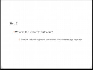 Step 2 
0 What is the tentative outcome? 
0 Example – My colleague will come to collaborative meetings regularly. 
 