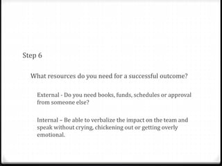 Step 6 
What resources do you need for a successful outcome? 
External - Do you need books, funds, schedules or approval 
from someone else? 
Internal – Be able to verbalize the impact on the team and 
speak without crying, chickening out or getting overly 
emotional. 
 