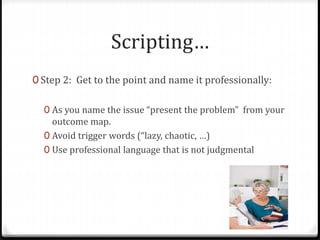 Scripting… 
0 Step 2: Get to the point and name it professionally: 
0 As you name the issue “present the problem” from your 
outcome map. 
0 Avoid trigger words (“lazy, chaotic, …) 
0 Use professional language that is not judgmental 
 