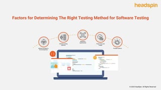 Factors for Determining The Right Testing Method for Software Testing
© 2023 HeadSpin. All Rights Reserved
 