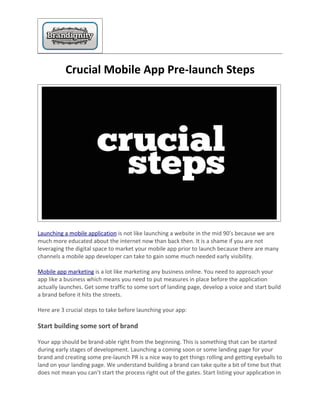 Crucial Mobile App Pre-launch Steps




Launching a mobile application is not like launching a website in the mid 90′s because we are
much more educated about the internet now than back then. It is a shame if you are not
leveraging the digital space to market your mobile app prior to launch because there are many
channels a mobile app developer can take to gain some much needed early visibility.

Mobile app marketing is a lot like marketing any business online. You need to approach your
app like a business which means you need to put measures in place before the application
actually launches. Get some traffic to some sort of landing page, develop a voice and start build
a brand before it hits the streets.

Here are 3 crucial steps to take before launching your app:

Start building some sort of brand

Your app should be brand-able right from the beginning. This is something that can be started
during early stages of development. Launching a coming soon or some landing page for your
brand and creating some pre-launch PR is a nice way to get things rolling and getting eyeballs to
land on your landing page. We understand building a brand can take quite a bit of time but that
does not mean you can’t start the process right out of the gates. Start listing your application in
 