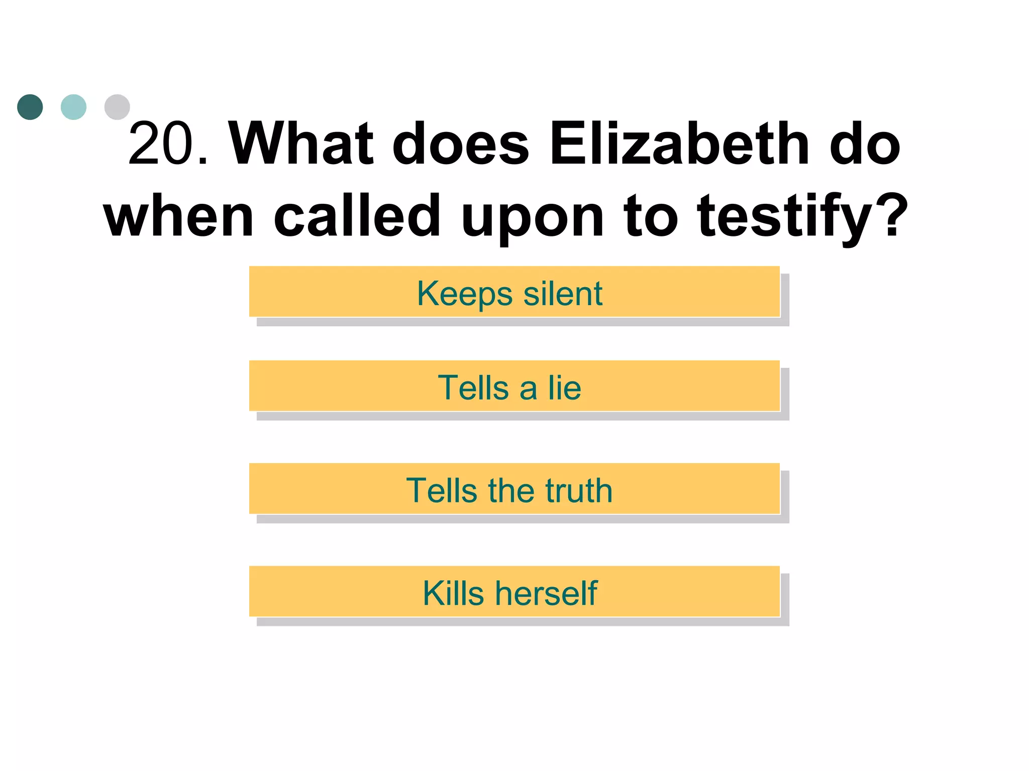 20.  What does Elizabeth do when called upon to testify?   Keeps silent  Tells a lie  Tells the truth  Kills herself  