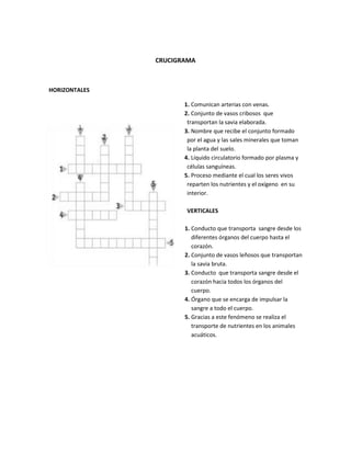 CRUCIGRAMA
HORIZONTALES
1. Comunican arterias con venas.
2. Conjunto de vasos cribosos que
transportan la savia elaborada.
3. Nombre que recibe el conjunto formado
por el agua y las sales minerales que toman
la planta del suelo.
4. Líquido circulatorio formado por plasma y
células sanguíneas.
5. Proceso mediante el cual los seres vivos
reparten los nutrientes y el oxígeno en su
interior.
VERTICALES
1. Conducto que transporta sangre desde los
diferentes órganos del cuerpo hasta el
corazón.
2. Conjunto de vasos leñosos que transportan
la savia bruta.
3. Conducto que transporta sangre desde el
corazón hacia todos los órganos del
cuerpo.
4. Órgano que se encarga de impulsar la
sangre a todo el cuerpo.
5. Gracias a este fenómeno se realiza el
transporte de nutrientes en los animales
acuáticos.
 