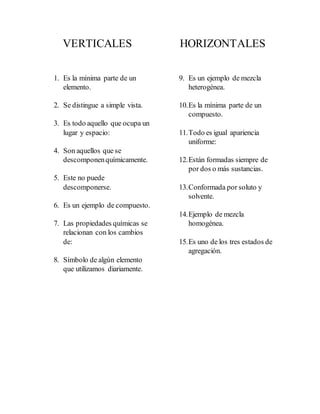 VERTICALES
1. Es la mínima parte de un
elemento.
2. Se distingue a simple vista.
3. Es todo aquello que ocupa un
lugar y espacio:
4. Son aquellos que se
descomponenquímicamente.
5. Este no puede
descomponerse.
6. Es un ejemplo de compuesto.
7. Las propiedades químicas se
relacionan con los cambios
de:
8. Símbolo de algún elemento
que utilizamos diariamente.
HORIZONTALES
9. Es un ejemplo de mezcla
heterogénea.
10.Es la mínima parte de un
compuesto.
11.Todo es igual apariencia
uniforme:
12.Están formadas siempre de
por dos o más sustancias.
13.Conformada por soluto y
solvente.
14.Ejemplo de mezcla
homogénea.
15.Es uno de los tres estados de
agregación.
 
