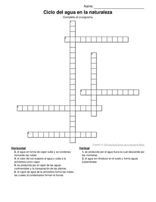 Vertical
1. es producido por el agua lluvia la cual desciende por
las montañas
3. el agua se introduce en el suelo y forma aguas
subterráneas
Horizontal
2. el agua en forma de vapor sube y se condensa
formando las nubes
4. el calor del sol evapora al agua y sube a la
atmósfera como vapor
5. es producida por el vapor de las aguas
continentales y la transpiración de las plantas
6. el vapor de agua de la atmósfera forma las nubes,
las cuales al condensarse forman la lluvias
Name:
Ciclo del agua en la naturaleza
Complete el crucigrama
1
2
3
4
5
6
Created on TheTeachersCorner.net Crossword Maker
 