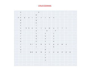 1 3
r m
2 o p e r a c i o n
b q
o u
t i
s 5 h e n r y m a i l l
u a 6 7
n s s j
i d e o
v e n s
e v s e
r 4 r o b o t p u m a
s l r h
a d
l 8 K A R e L C A P E K
l
u
z
CRUCIGRAMA
 