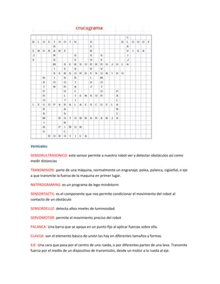 Verticales:
SENSORULTRASONICO: este sensor permite a nuestro robot ver y detectar obstáculos así como
medir distancias
TRANSMISION: parte de una máquina, normalmente un engranaje, polea, palanca, cigüeñal, o eje
a que transmite la fuerza de la maquina en primer lugar.
NXTPROGRAMING: es un programa de lego mindstorm
SENSORTACTIL:es el componente que nos permite condicionar el movimiento del robot al
contacto de un obstáculo
SENSORDELUZ: detecta altos niveles de luminosidad
SERVOMOTOR: permite el movimiento preciso del robot
PALANCA: Una barra que se apoya en un punto fijo al aplicar fuerzas sobre ella.
CLAVIJA: son el elemento básico de unión las hay en diferentes tamaños y formas
EJE: Una cara que pasa por el centro de una rueda, o por diferentes partes de una leva. Transmite
fuerza por el medio de un dispositivo de transmisión, desde un motor a la rueda al eje.
 