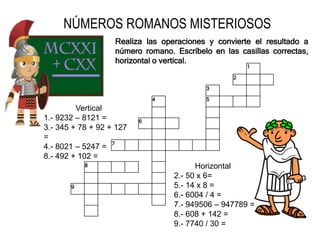 NÚMEROS ROMANOS MISTERIOSOS
Vertical
1.- 9232 – 8121 =
3.- 345 + 78 + 92 + 127
=
4.- 8021 – 5247 =
8.- 492 + 102 =
Horizontal
2.- 50 x 6=
5.- 14 x 8 =
6.- 6004 / 4 =
7.- 949506 – 947789 =
8.- 608 + 142 =
9.- 7740 / 30 =
1
2
3
4 5
6
7
8
9
Realiza las operaciones y convierte el resultado a
número romano. Escríbelo en las casillas correctas,
horizontal o vertical.
 