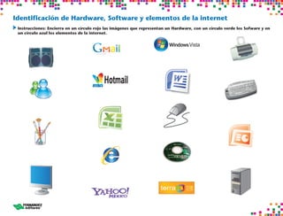 Identificación de Hardware, Software y elementos de la internet
	Instrucciones: Encierra en un círculo rojo las imágenes que representan un Hardware, con un círculo verde los Sofware y en
un círculo azul los elementos de la internet.
 