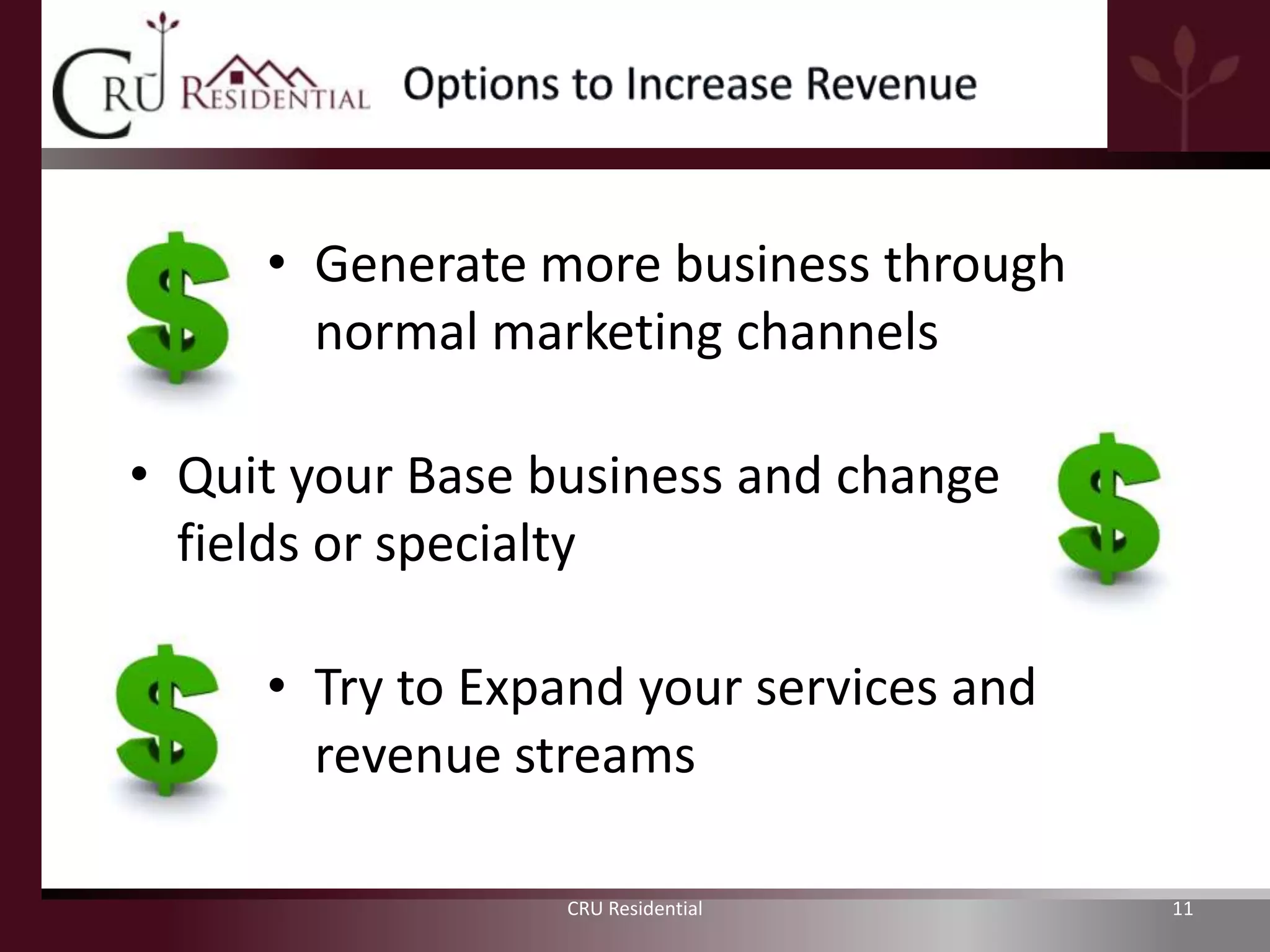 • Generate more business through
       normal marketing channels

• Quit your Base business and change
  fields or specialty

     • Try to Expand your services and
       revenue streams

                  CRU Residential        11
 