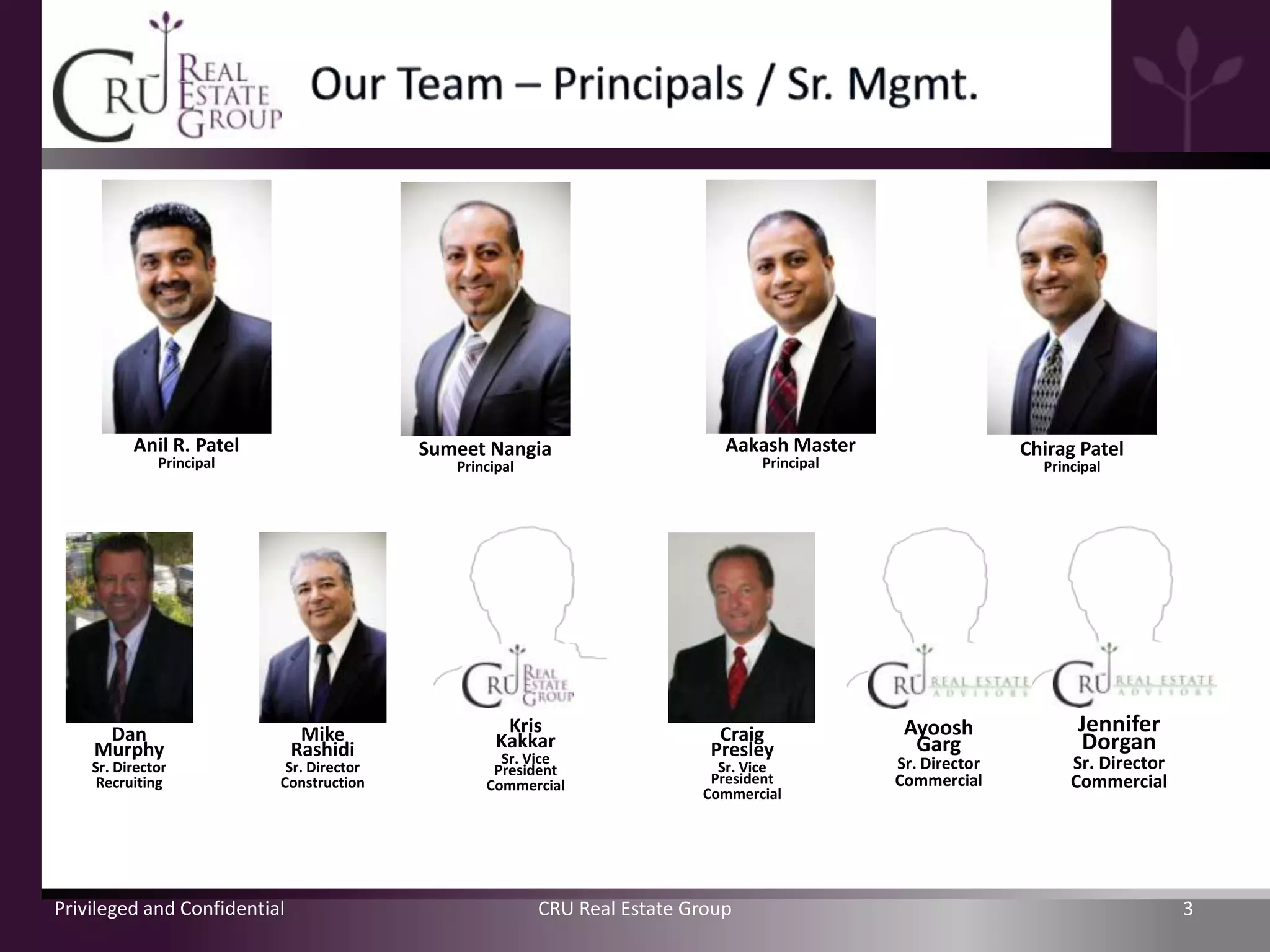 Anil R. Patel                   Sumeet Nangia                      Aakash Master                  Chirag Patel
              Principal                      Principal                           Principal                    Principal




     Dan                       Mike                 Kris                    Craig             Ayoosh               Jennifer
    Murphy                    Rashidi              Kakkar                  Presley             Garg                Dorgan
                                                   Sr. Vice                                  Sr. Director         Sr. Director
    Sr. Director           Sr. Director           President                 Sr. Vice
     Recruiting           Construction           Commercial                President         Commercial           Commercial
                                                                          Commercial




Privileged and Confidential                              CRU Real Estate Group                                                   3
 