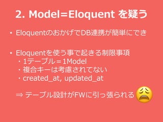 2. Model=Eloquent ɤ
? EloquentΤDBBЯgˤǤ
? Eloquentʹ¤𤭤
?1Ʃ`֥룽1Model
?}ϥ`Ͽ]Ƥʤ
?created_at, updated_at
? Ʃ`֥OӋFWÏ
 