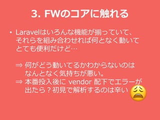 3. FWΥ˴
? LaravelϤʙCܤBäƤơ
MߺϤ碌кΤȤʤӤ
ȤƤɡ
? ΤɤӤƤ뤫狼ʤΤ
ʤȤʤݳ֤
? Ͷ vendor ¤ǥ`
飿ҊǽΤ
 