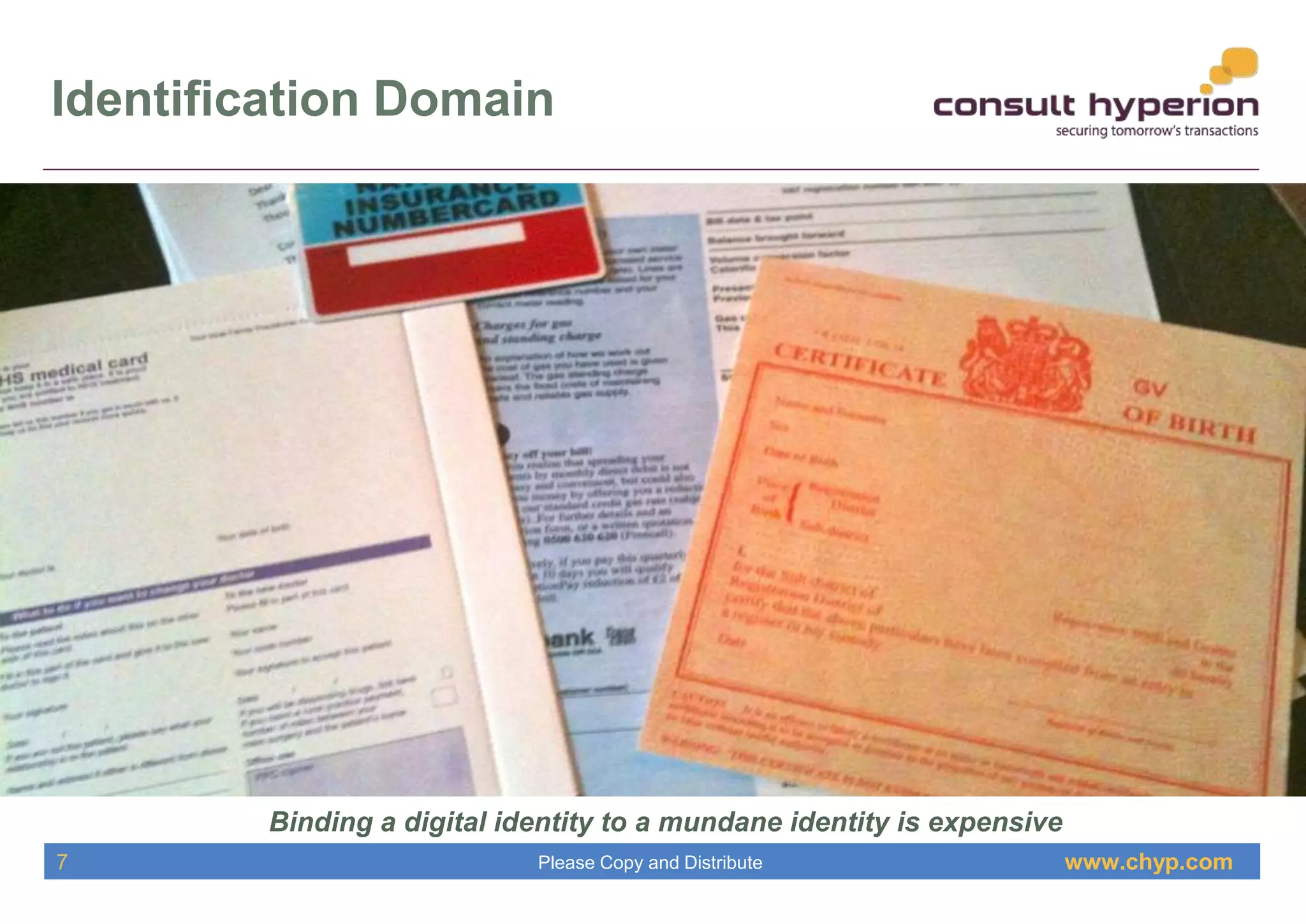 www.chyp.comPlease Copy and Distribute
Identification Domain
Binding a digital identity to a mundane identity is expensive
7
 