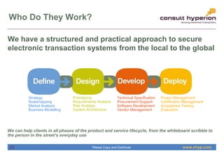www.chyp.comPlease Copy and Distribute
Who Do They Work?
We have a structured and practical approach to secure
electronic transaction systems from the local to the global
23
Strategy
Roadmapping
Market Analysis
Business Modelling
Prototyping
Requirements Analysis
Risk Analysis
System Architecture
Technical Specification
Procurement Support
Software Development
Vendor Management
Project Management
Certification Management
Acceptance Testing
Evaluation
We can help clients in all phases of the product and service lifecycle, from the whiteboard scribble to
the person in the street’s everyday use
 