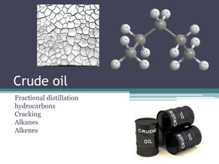 Crude oil
Fractional distillation
hydrocarbons
Cracking
Alkanes
Alkenes
 