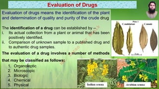 Evaluation of Drugs
Evaluation of drugs means the identification of the plant
and determination of quality and purity of the crude drug
The identification of a drug can be established by –
i. Its actual collection from a plant or animal that has been
positively identified.
ii. Comparison of unknown sample to a published drug and
to authentic drug samples.
The evaluation of a drug involves a number of methods
that may be classified as follows:
1. Organoleptic
2. Microscopic
3. Biologic
4. Chemical
5. Physical
M
d
.
I
m
r
a
n
N
u
r
M
a
n
i
k
 
