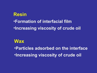 Resin
•Formation of interfacial film
•Increasing viscosity of crude oil
Wax
•Particles adsorbed on the interface
•Increasing viscosity of crude oil
 