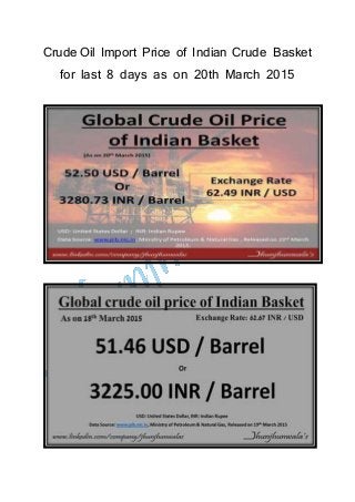 Crude Oil Import Price of Indian Crude Basket
for last 8 days as on 20th March 2015
 